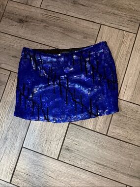 Gryphon Electric Blue Sequin Mini Skirt with Black Stripe Accents